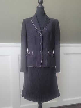 Womens Black Pinstripe Skirt Suit Jacket with White Piping